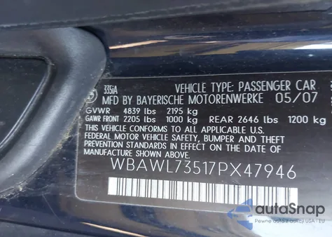 2007 BMW 335I z USA, uszkodzony, nr VIN WBAWL73517PX47946